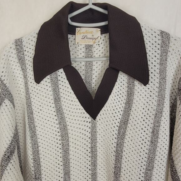Vintage Venture by Donegal 70s grey striped open knit polo shirt Size XL Retro - Picture 4 of 6